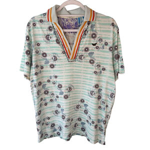 Ringspun Floral Grenade Polo Shirt with Striped Sequin Collar Size S Y2K Casual